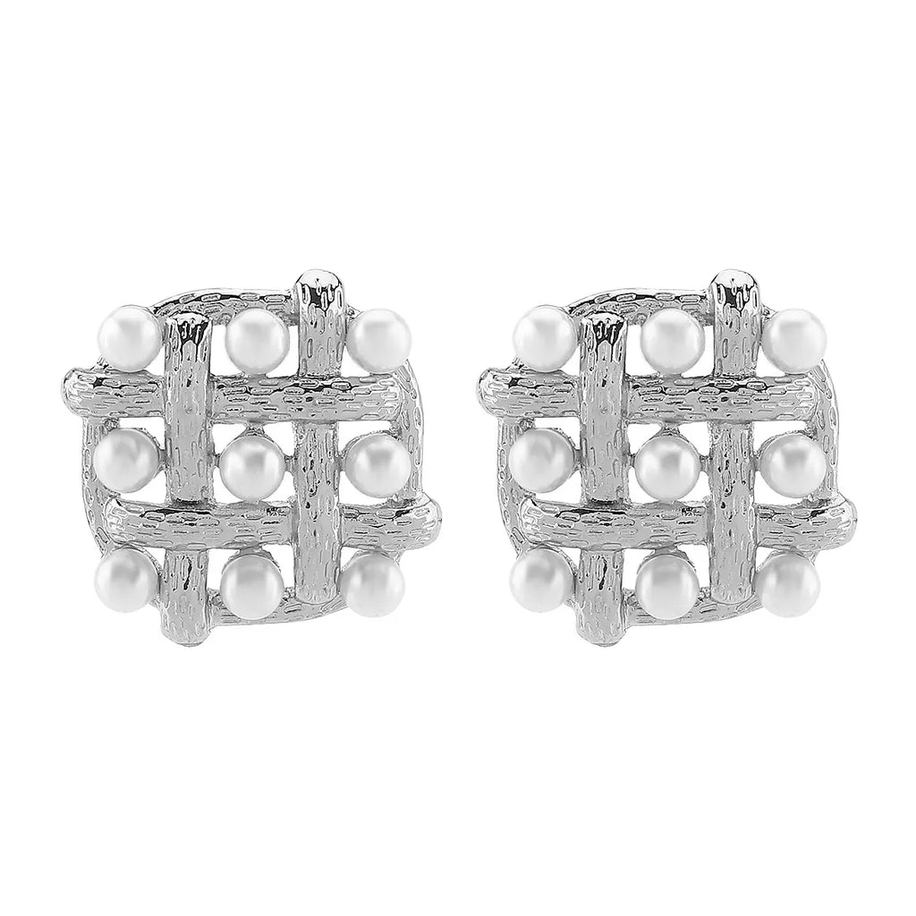 Pearl grid square stud earrings by Shopimist featuring white pearls and a modern geometric design on a silver-tone setting