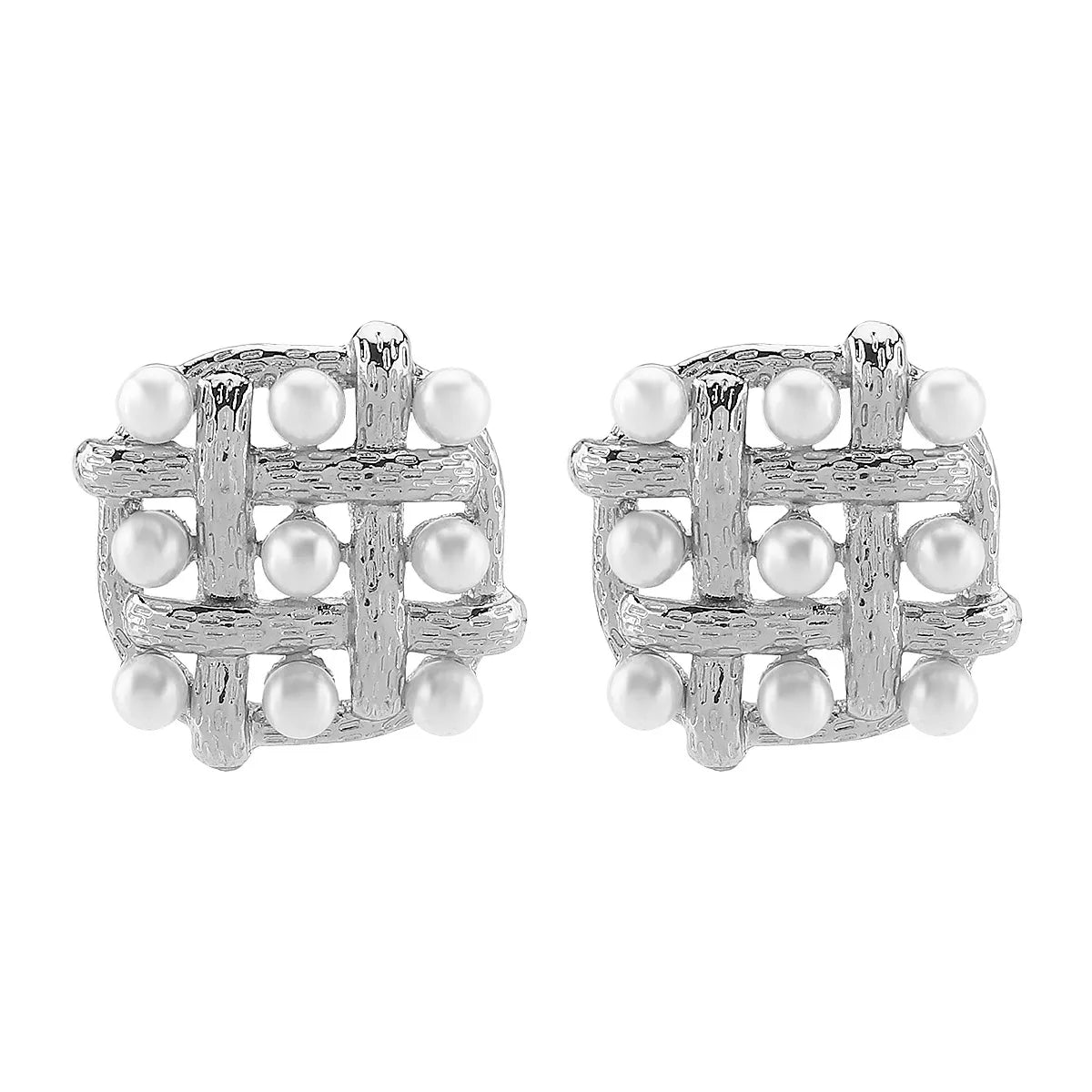 Pearl grid square stud earrings by Shopimist featuring white pearls and a modern geometric design on a silver-tone setting