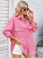 VYSN denim shacket with pocketed snap down collar, dropped shoulders, and button front, casual layered clothing for women.