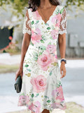 Women's floral lace high-waist A-line midi dress with flounce neckline by FitiqueFit, featuring a feminine floral lace pattern.