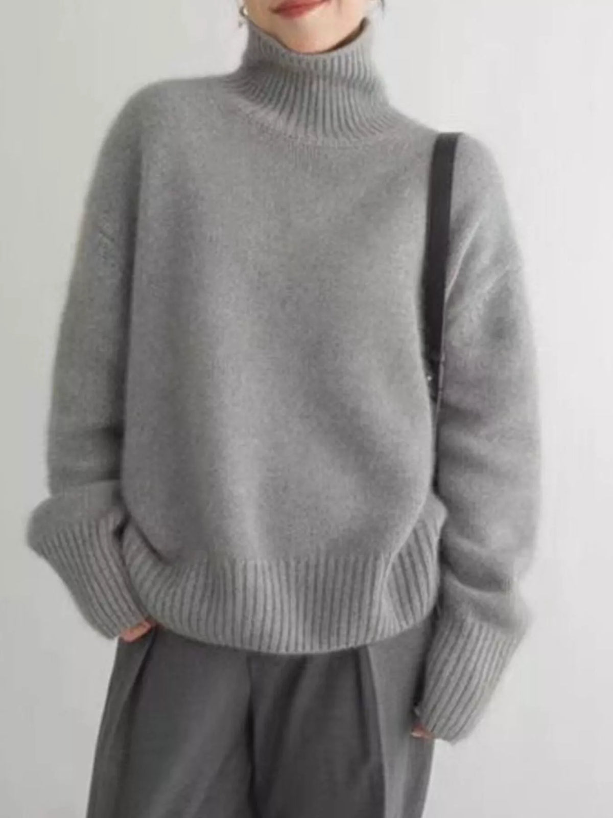 Simply Love turtleneck dropped shoulder sweater, cozy knit with relaxed fit, in a neutral color, ideal for casual wear.