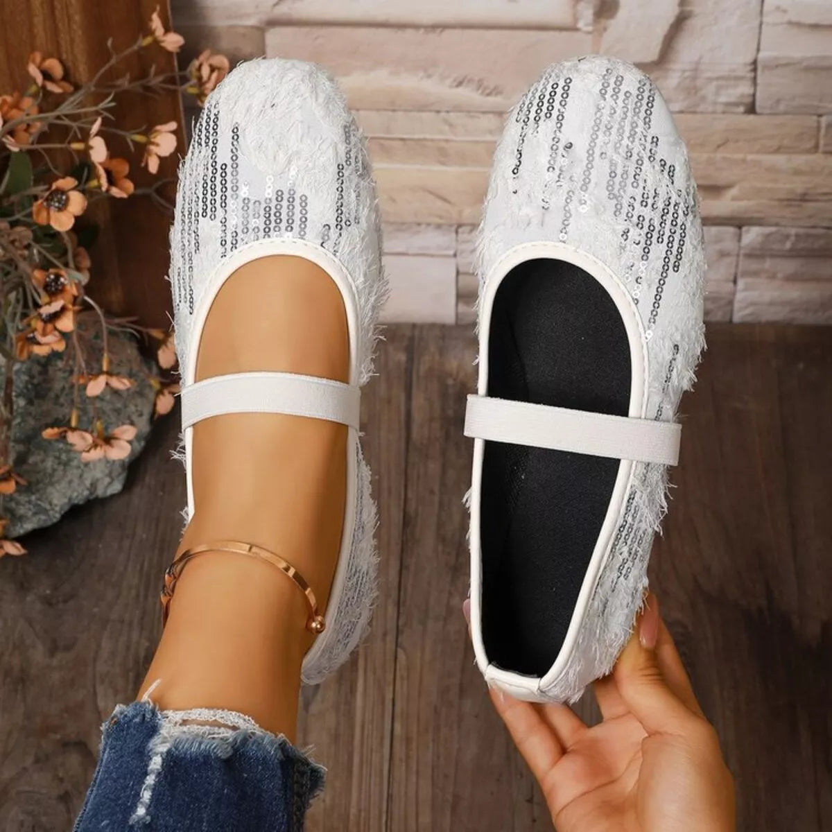Women's sparkling sequin round toe slip-on flats by Trendsi, featuring glamorous comfort shoes with shiny sequin embellishments.