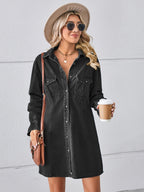 VYSN pocketed dropped shoulder mini denim dress displayed on a hanger, showcasing its casual style and relaxed fit.