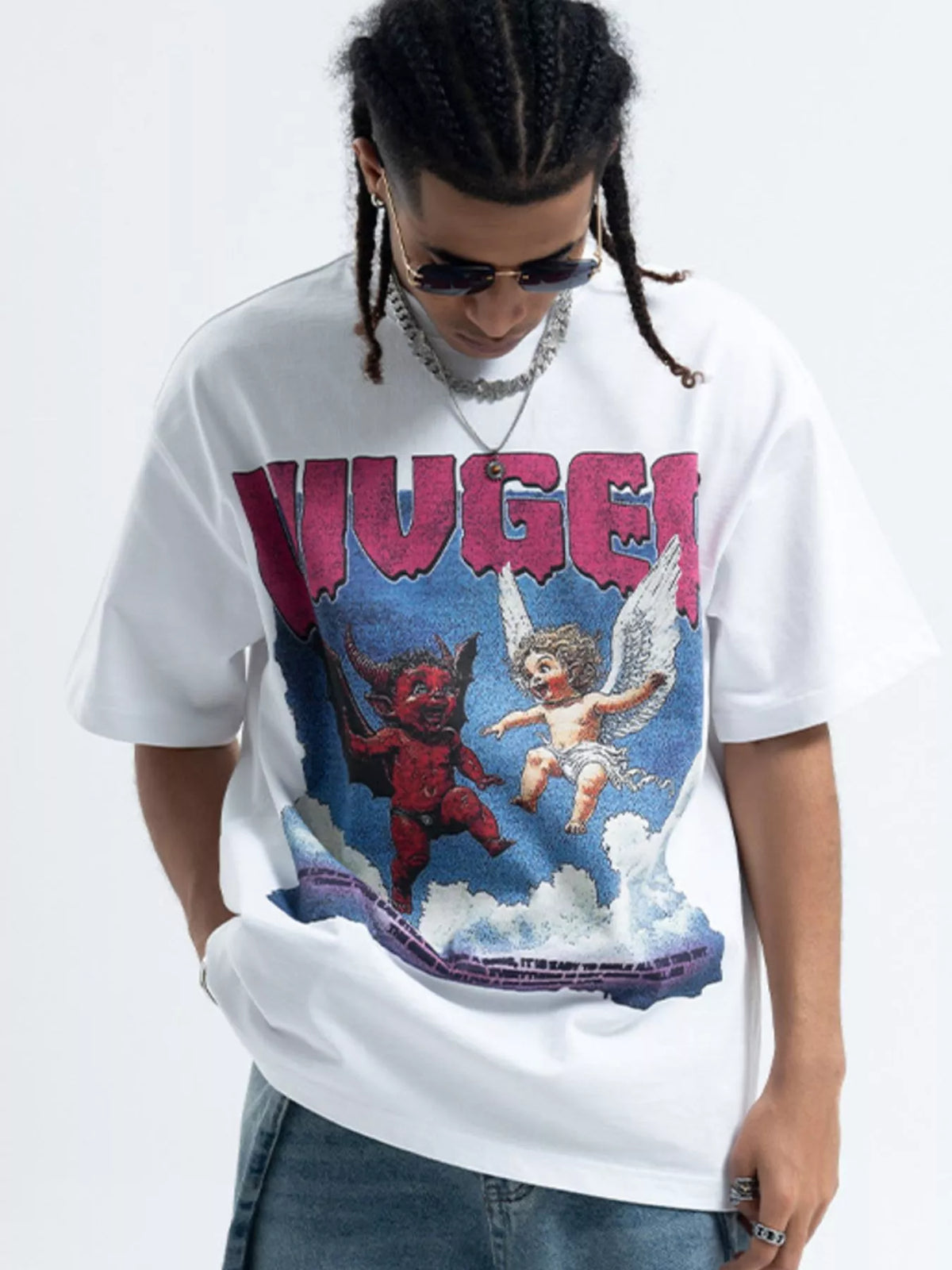 Men's graphic round neck short sleeve T-shirt from Trendsi with bold design on soft cotton fabric.