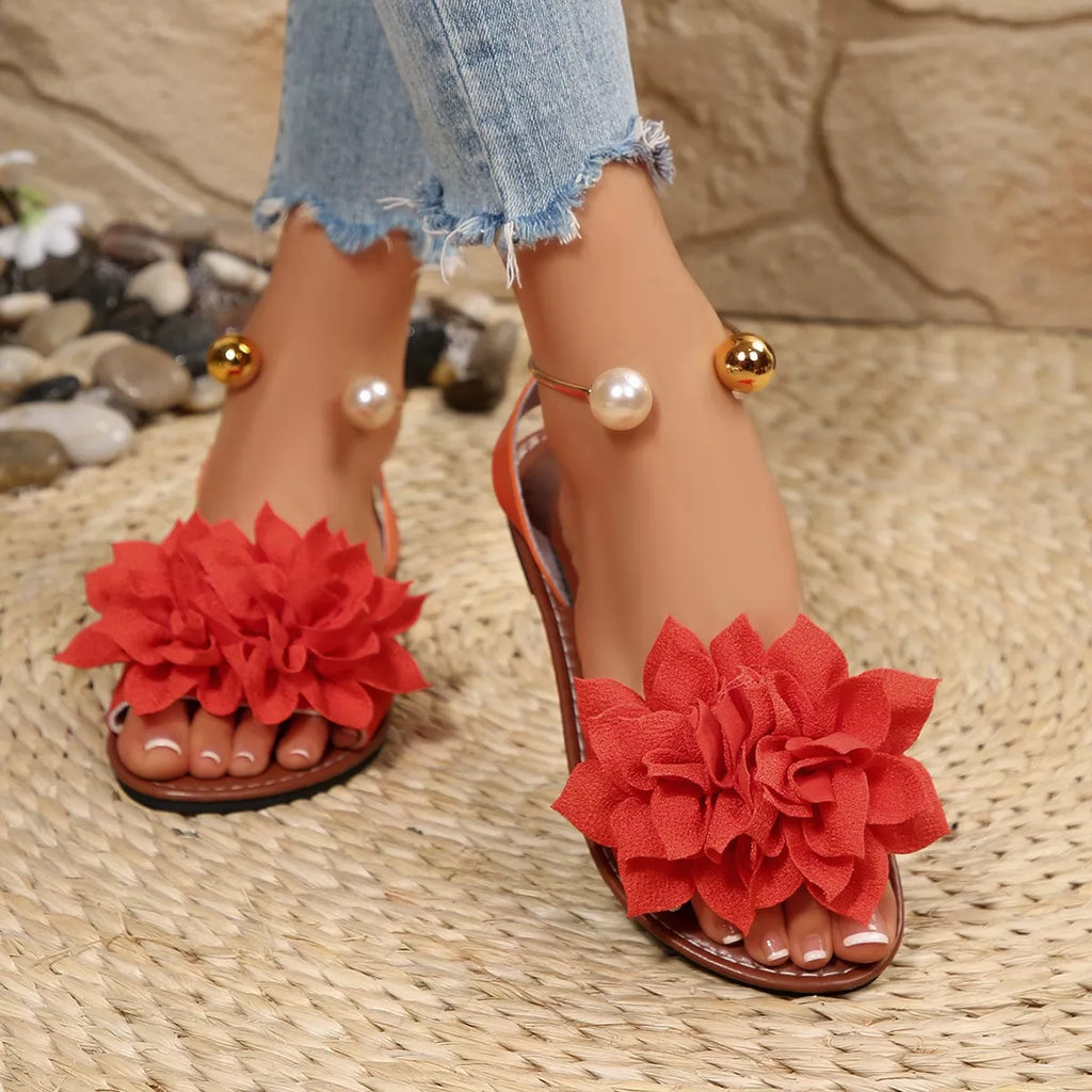 Shopimist floral decor flat sandals with colorful flower embellishments and comfortable flat soles, perfect for casual summer wear.