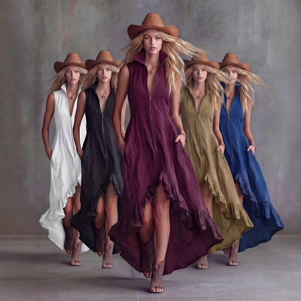 FitiqueFit boho dress with lapel collar, zip front, and ruffle hem, featuring a flowy, casual style perfect for summer wear.