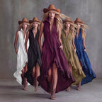 FitiqueFit boho dress with lapel collar, zip front, and ruffle hem, featuring a flowy, casual style perfect for summer wear.