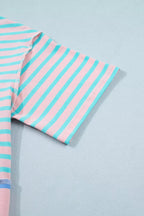 Stripe exposed seam mixed patchwork loose short set from Shopimist featuring striped fabric and relaxed fit.