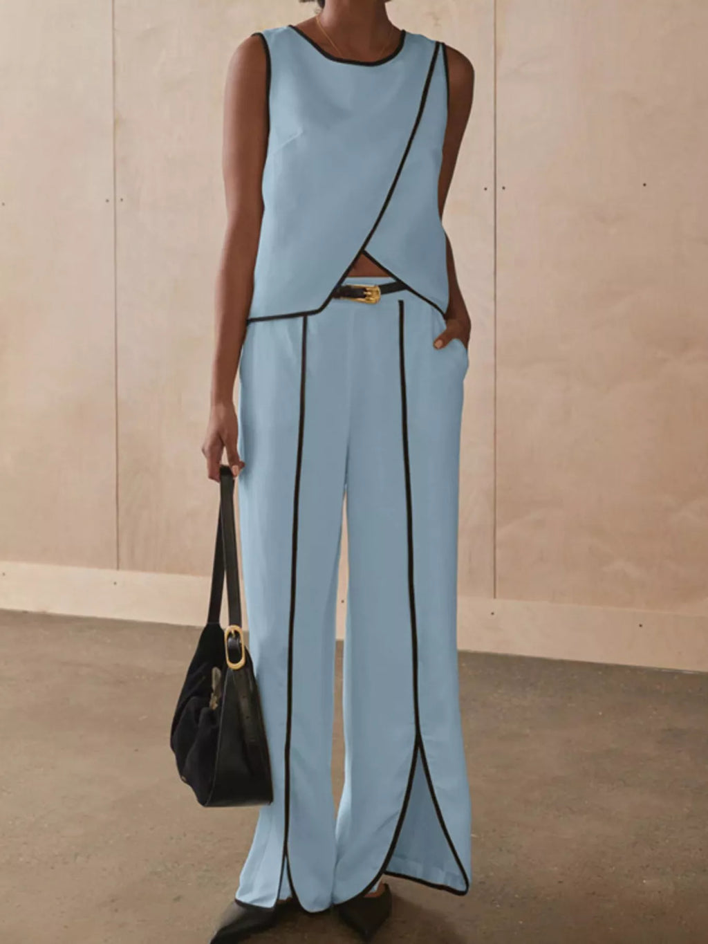 Contrast trim sleeveless top and wide-leg pants set from Shopimist, stylish two-piece outfit with modern design.