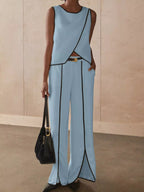 Contrast trim sleeveless top and wide-leg pants set from Shopimist, stylish two-piece outfit with modern design.