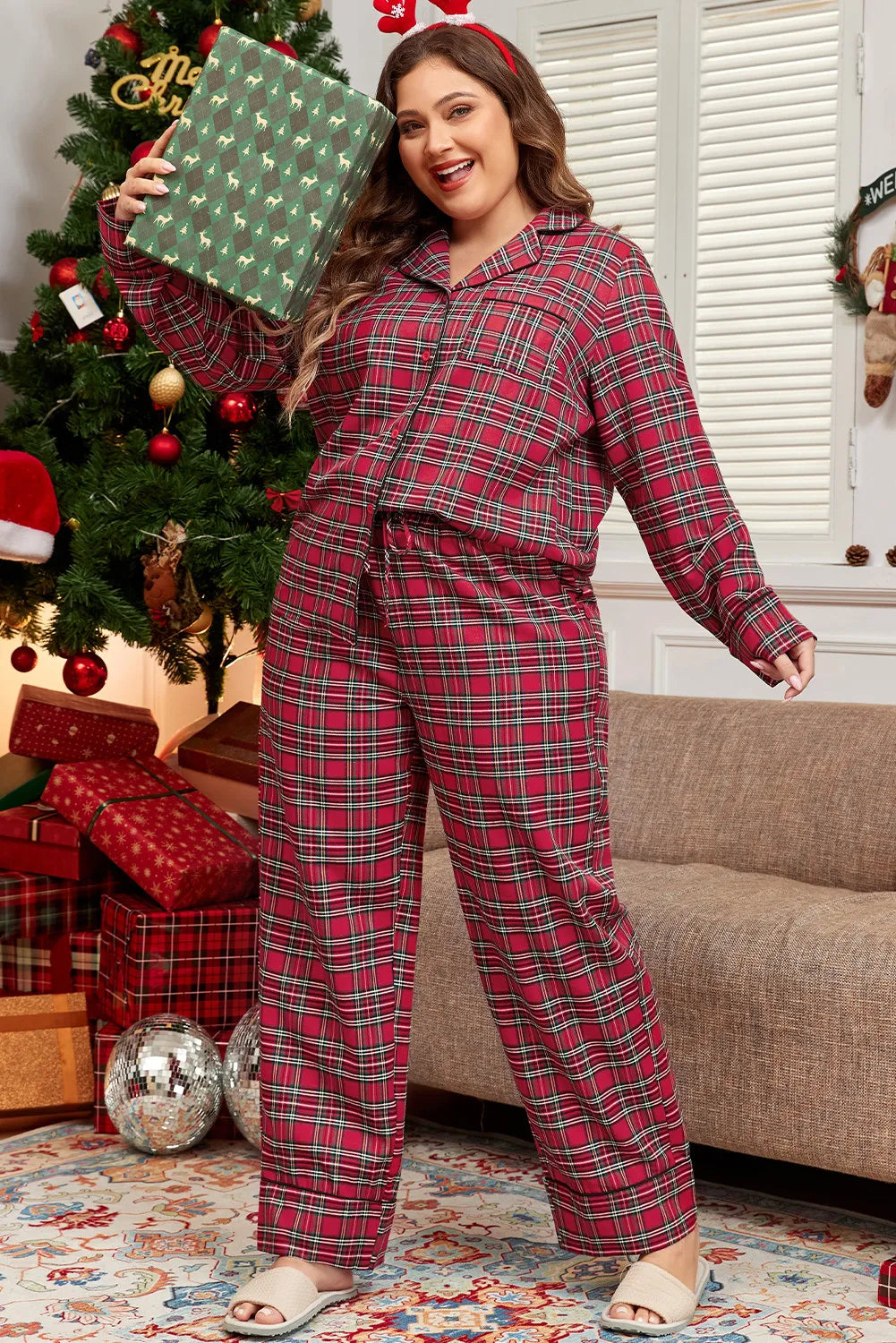 Plus size plaid lounge set with collared neck top and matching pants, stylish and comfortable for relaxed wear by Shopimist