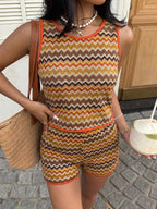 Women's zigzag knit tank top and shorts lounge set, trendy two-piece set in soft fabric, perfect for casual wear and relaxation.