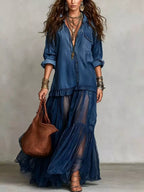 Long sleeve sheer ruffle maxi dress by Shopimist showing flowing fabric and ruffled details on a model.