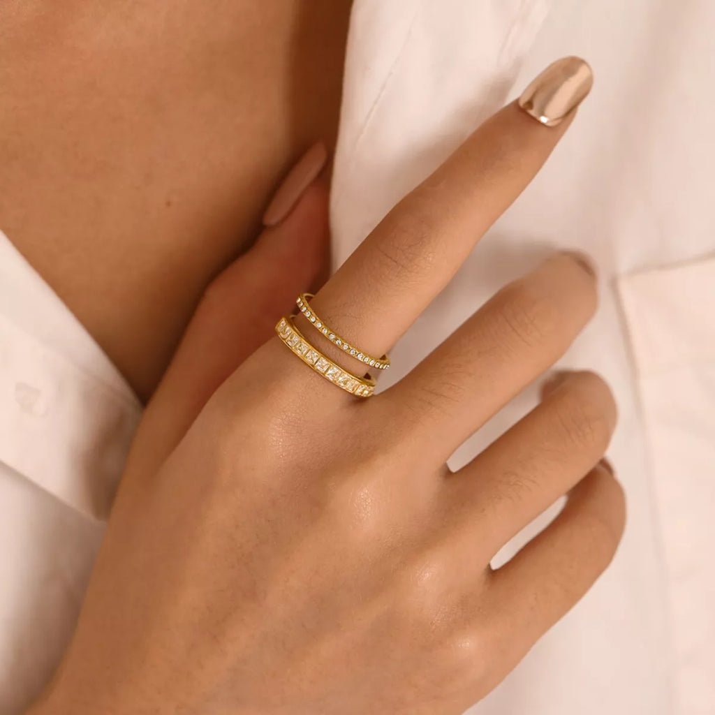 18K gold-plated rhinestone open ring with sparkling stones and delicate band, designed by Shopimist.