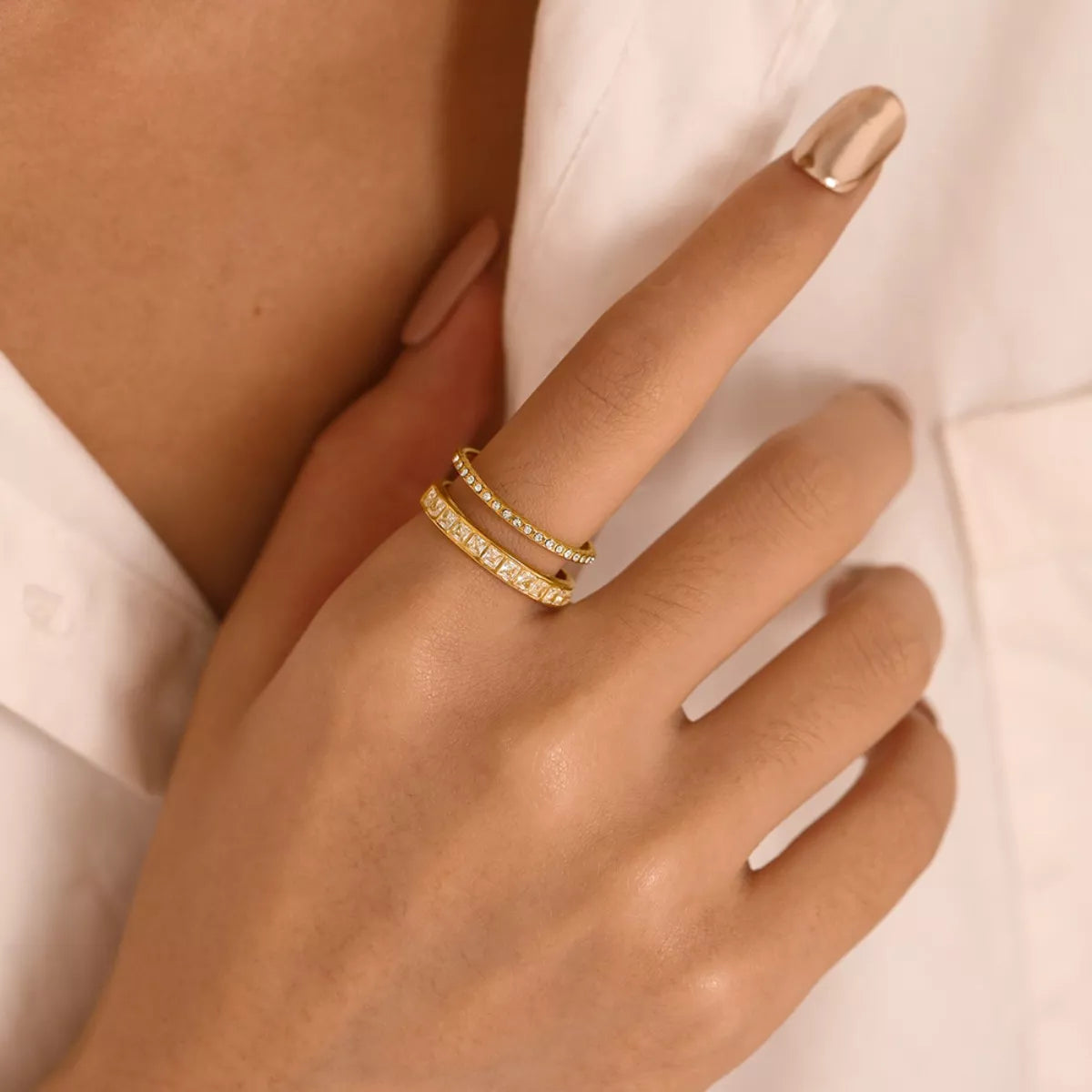 18K gold-plated rhinestone open ring with sparkling stones and delicate band, designed by Shopimist.