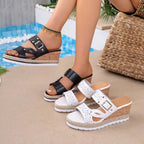 Open toe wedge sandals by Shopimist featuring tan straps and a chunky cork heel for a stylish summer look.
