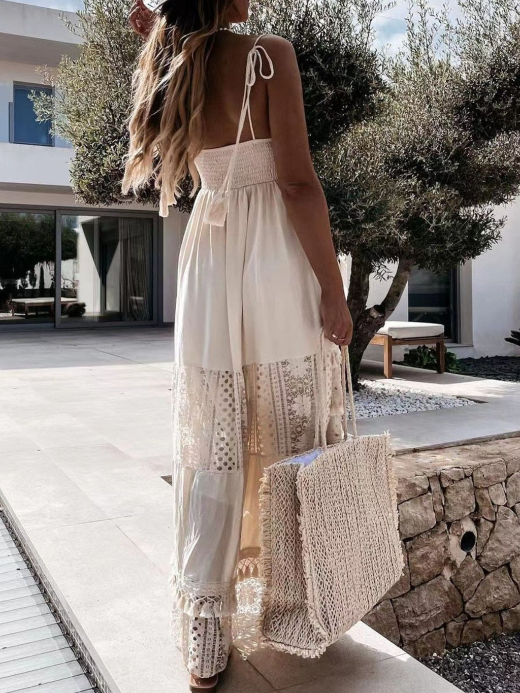 Plus size bohemian cami dress with crochet and tassel trim, flowy summer midi style, by Trendsi, featuring relaxed fit and lightweight fabric.