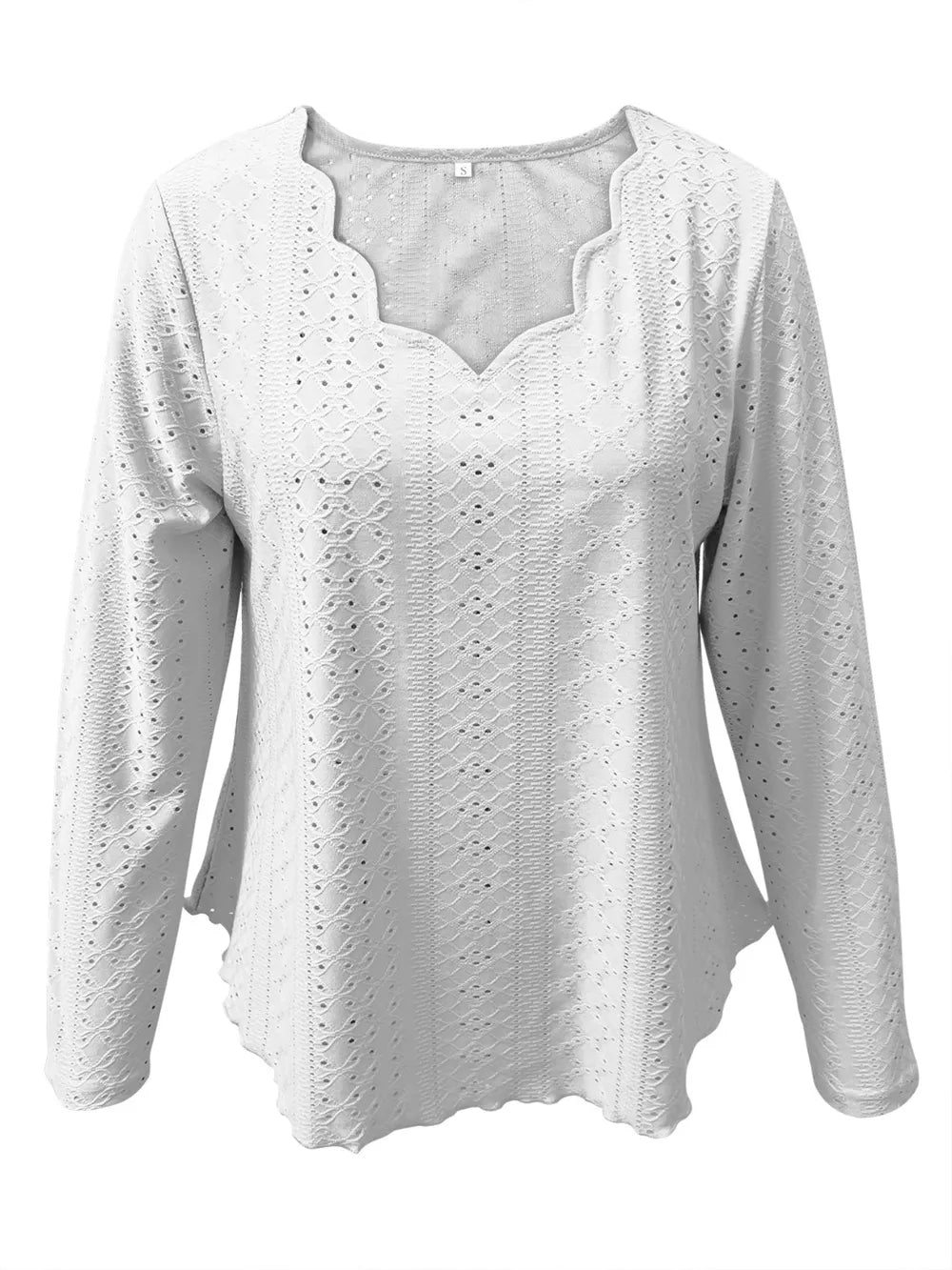 Elegant women's eyelet long sleeve blouse from Plush Fashion Hub, featuring stretchy fabric and versatile office-ready style.