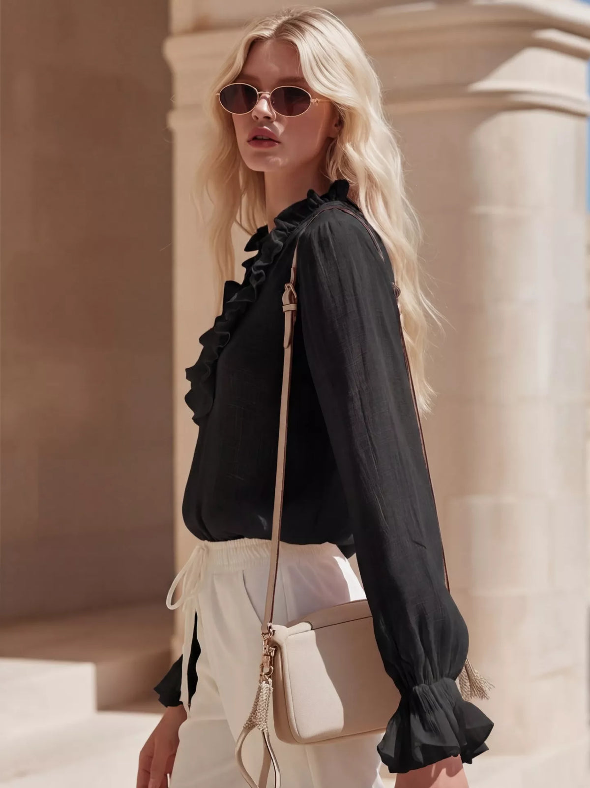 Plush Fashion Hub ruffled V-neck long sleeve blouse with feminine design, featuring soft fabric and elegant ruffle details.