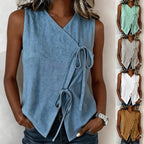 FitiqueFit bow-tied V-neck sleeveless tank top in five colors, casualwear, shown in a beige fabric with a bow detail at the neckline.