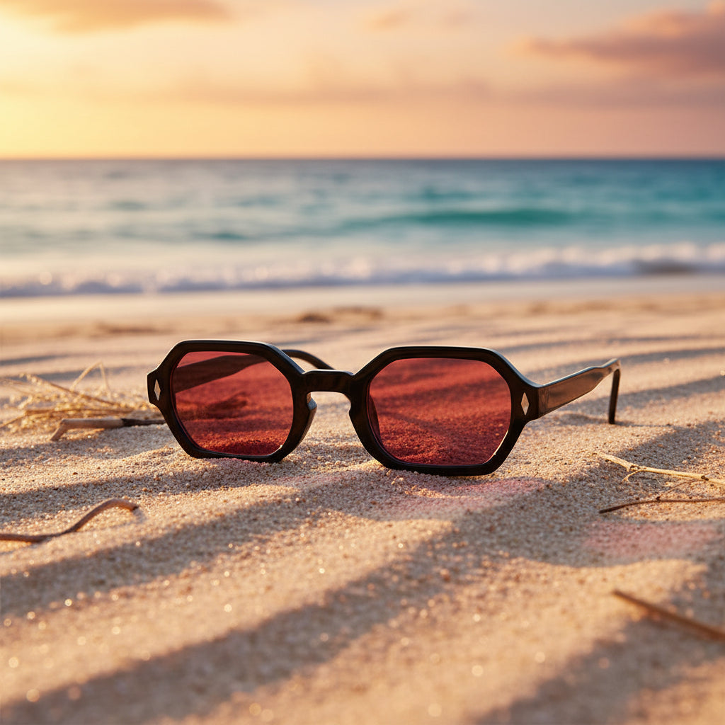 Polygonal small-frame sunglasses by Plush Fashion Hub with hexagonal shape and UV protection, unisex eyewear for stylish sun protection.