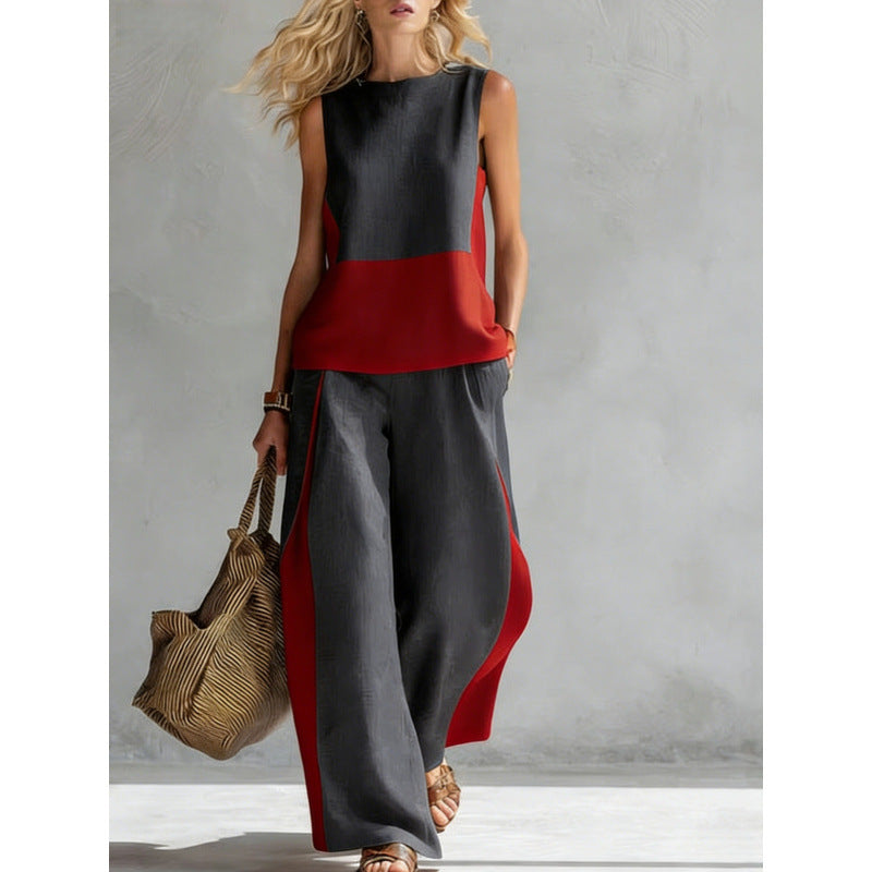 Printed retro sleeveless top and wide-leg pants set by Plush Fashion Hub, featuring vibrant prints in a stylish two-piece design.