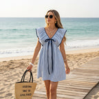 Women's FitiqueFit V-neck mini dress with ruffle puff sleeves, perfect for summer, featuring a flirty and feminine design.