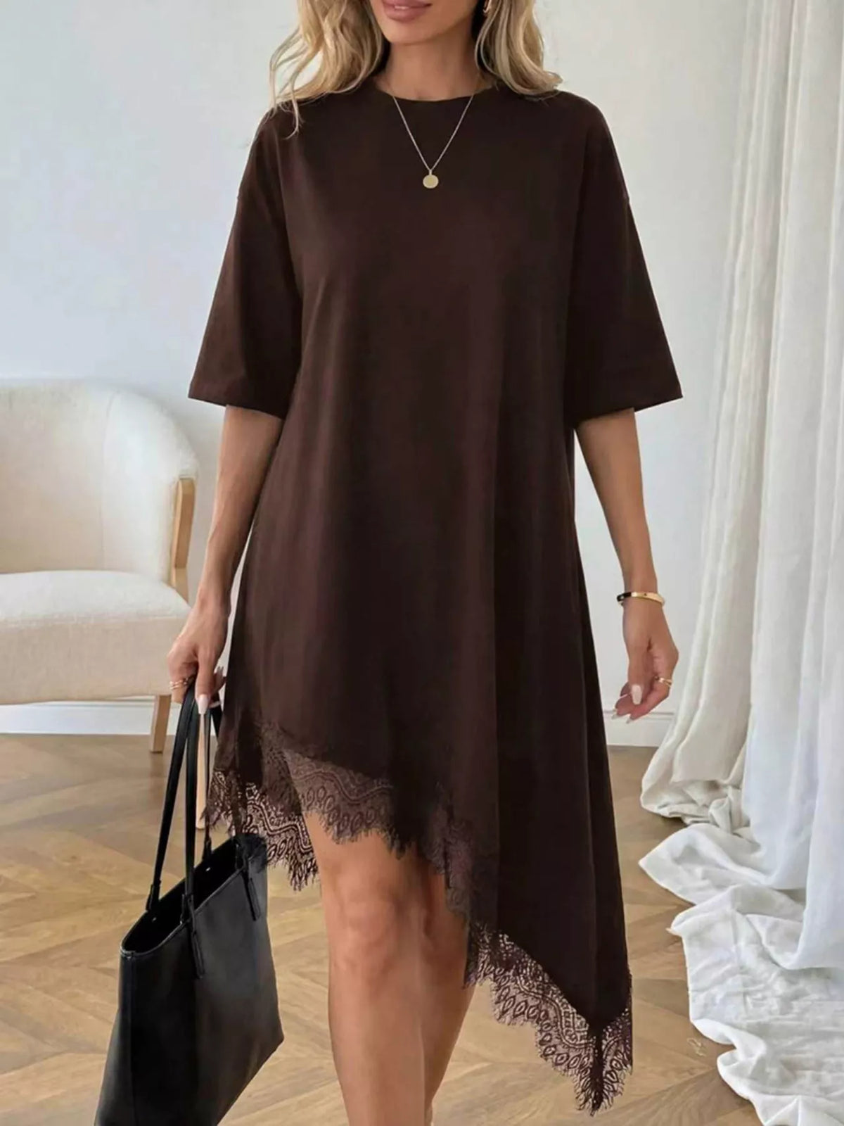 Lace trim asymmetrical hem T-shirt dress by Plush Fashion Hub, featuring a casual shirt dress style with delicate lace details.