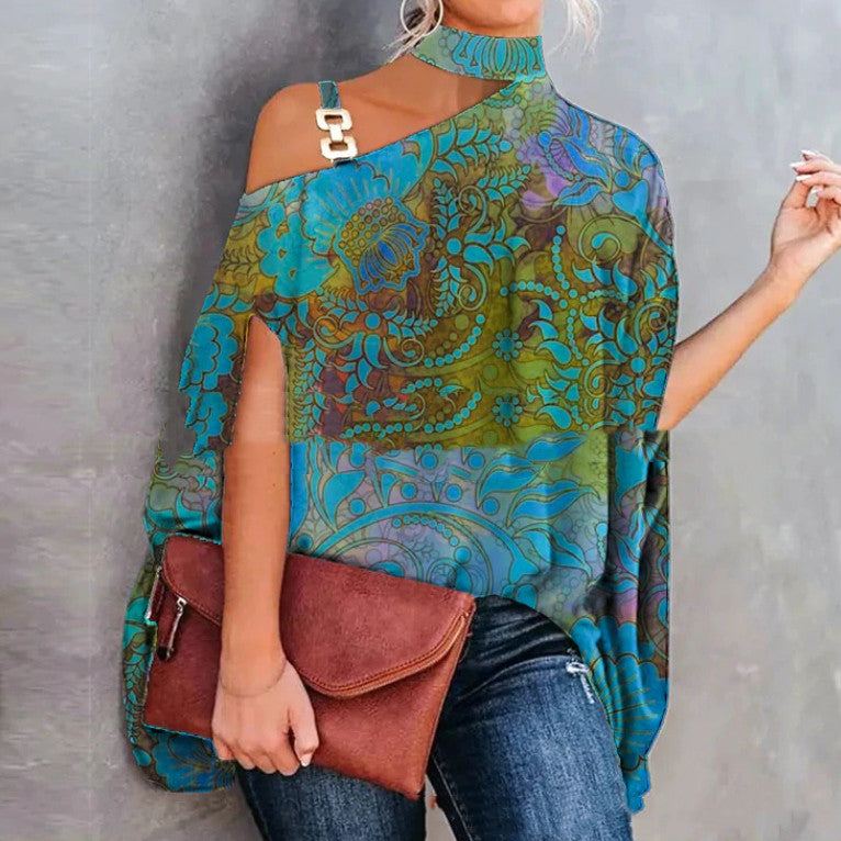 Women’s one-shoulder printed T-shirt from Plush Fashion Hub, casualwear with bold graphic design and relaxed fit.