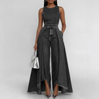 Women’s sleeveless wide-leg denim jumpsuit by Plush Fashion Hub, featuring a crew neck and casual, relaxed fit.