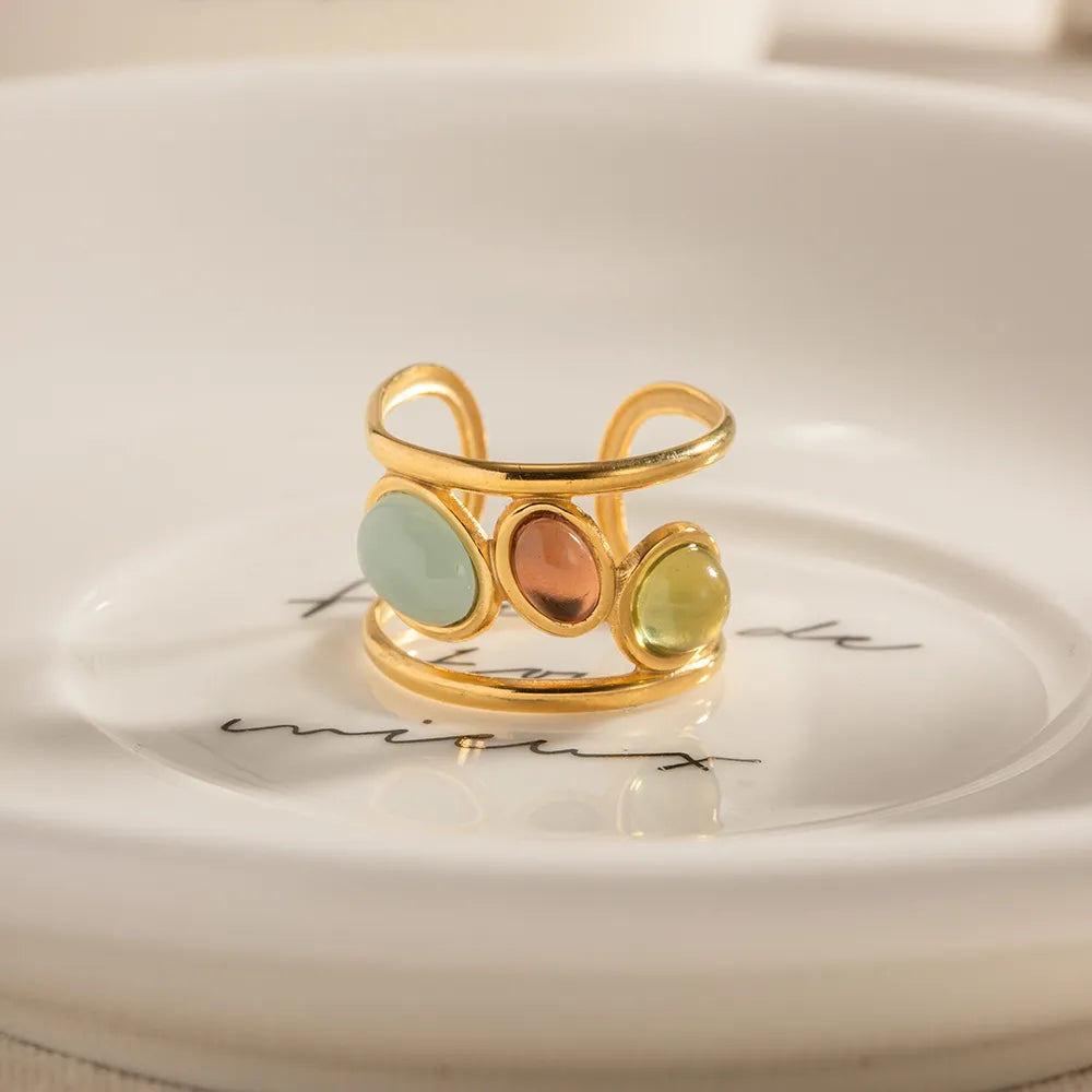 18K gold plated gemstone open cuff ring with colorful stones, stylish jewelry accessory from Plush Fashion Hub.