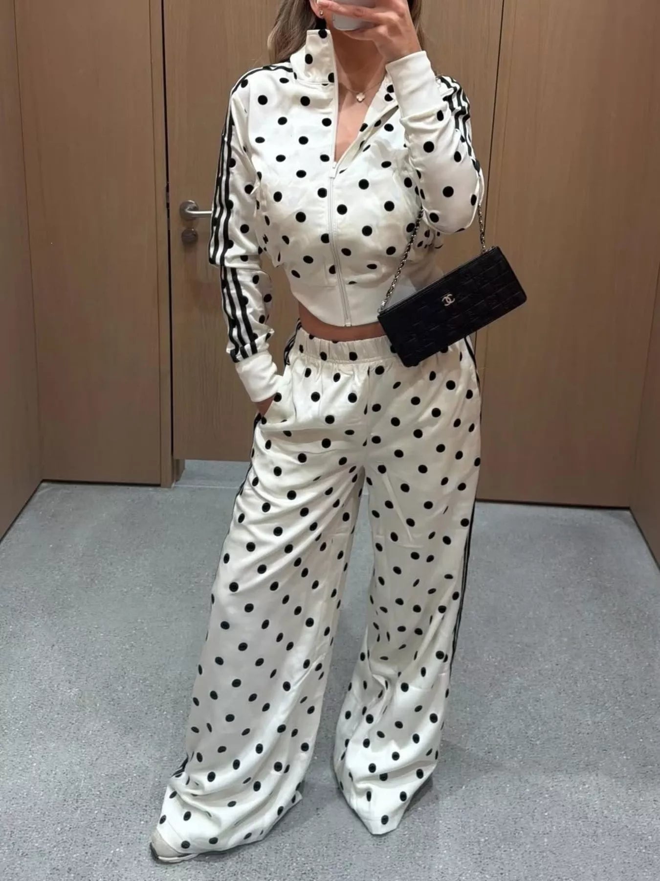 Plush Fashion Hub polka dot zip-up outerwear and matching pants set, casual stylish clothing for women or teens.