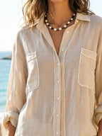 Shopimist contrast trim button-up long sleeve shirt with classic collar and cuff details, featuring a stylish contrast trim design.