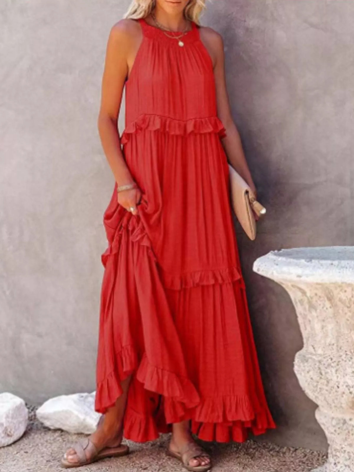 Plush Fashion Hub ruffled tiered sleeveless maxi dress with flowing fabric and layered design, perfect for summer or casual occasions.