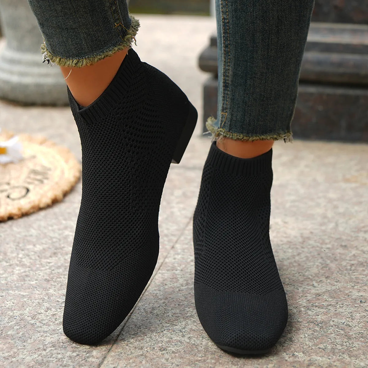 Women's mesh knit ankle boots with stretch comfort fit, stylish and breathable trendy footwear by Trendsi.