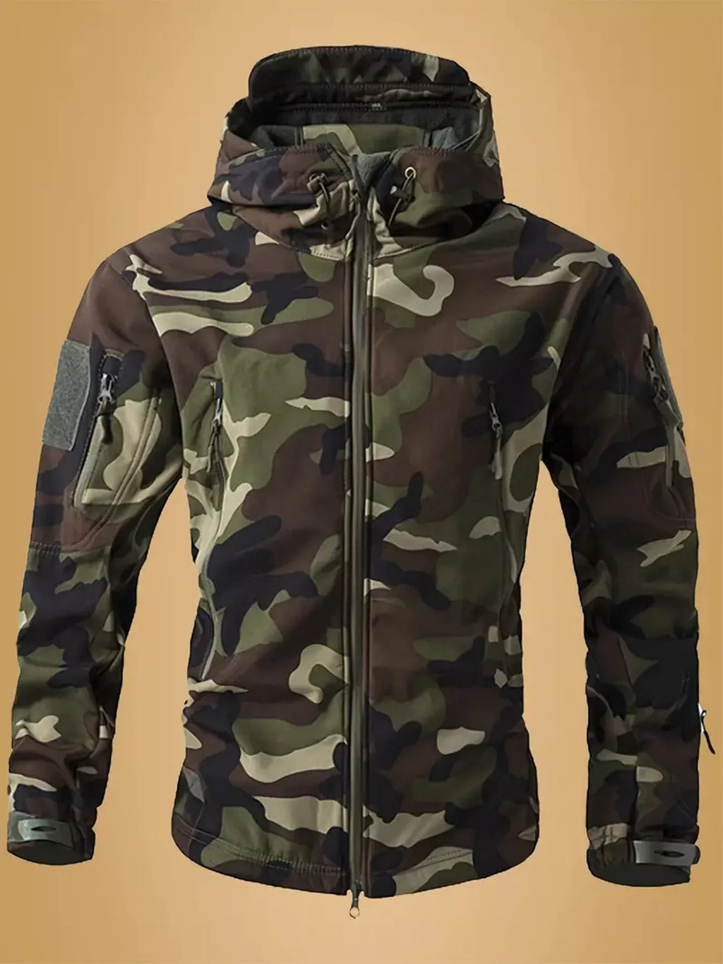Men's camouflage zip-up hooded jacket from Shopimist featuring a lightweight design and adjustable drawstrings.