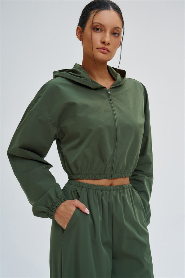Svelte UV protection crop hoodie by Fitglutes Activewear, featuring a fitted design and breathable fabric for activewear and workout use.