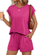 Women's soft round neck cap sleeve lounge set with drawstring shorts, stylish and comfortable 2-piece outfit by Plush Fashion Hub
