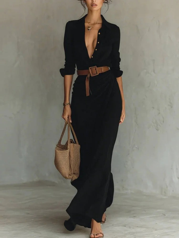 Women's elegant belted ruffle long dress with slim waist, casualwear by Plush Fashion Hub, featuring an irregular hem and stylish design.