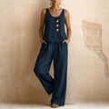 Women's sleeveless tank top and pants casualwear two-piece set by FitiqueFit, featuring a comfortable and stylish matching outfit.