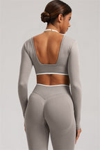 Fitglutes Activewear long sleeve crop top and leggings 2-piece set, gym and workout sportswear, black with stylish fit design