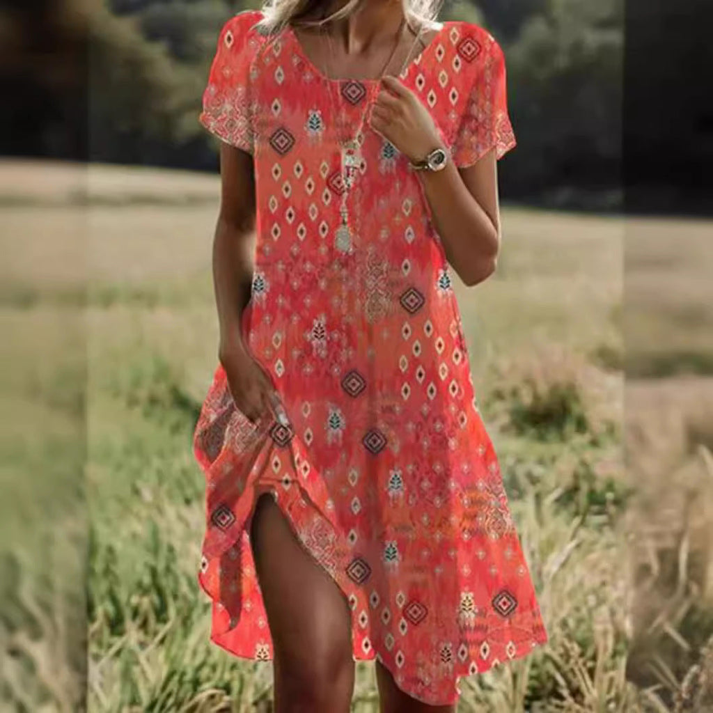 FitiqueFit ethnic print midi dress with scoop neckline, featuring a geometric boho pattern and flowing silhouette.