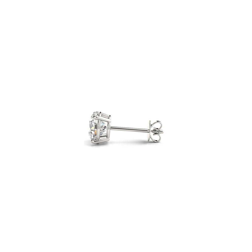 Certified IGI lab-grown round diamond stud earrings in 14k white gold with G/VS2 quality, from Plush Fashion Hub.