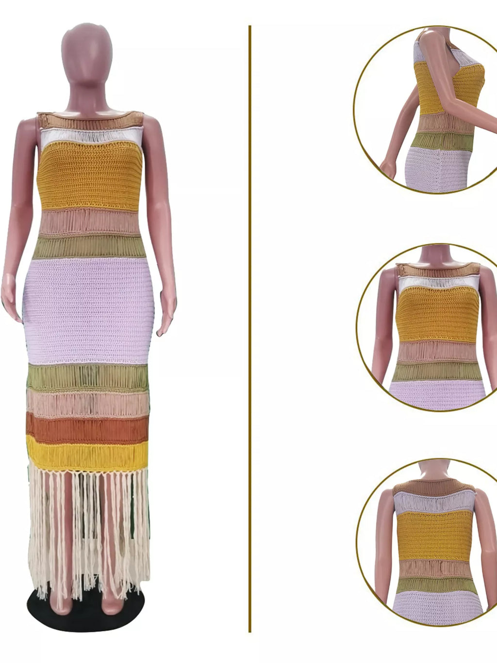 Color block maxi dress by Shopimist featuring fringe crochet knit details and a vibrant, flowing design.