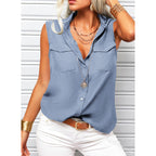 Women's sleeveless top with lapel collar, loose fit, solid color, and pockets from Plush Fashion Hub.