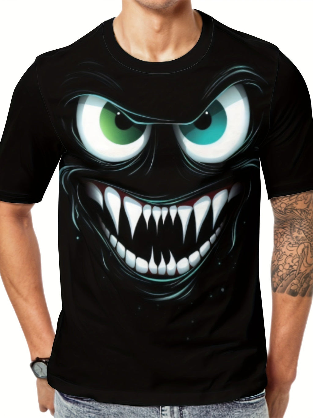 Men's 3D Evil Smile Streetwear T-shirt by FitiqueFit, short sleeve graphic tee with bold evil smile design.