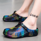 Men's colorful paint splash sandals, trendy footwear by Trendsi featuring vibrant, artistic design and comfortable open-toe style.