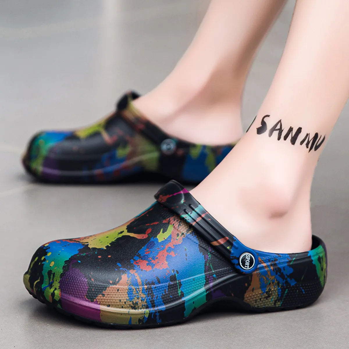 Men's colorful paint splash sandals, trendy footwear by Trendsi featuring vibrant, artistic design and comfortable open-toe style.