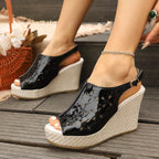 Shopimist peep toe wedge sandals with ankle straps, beige color, and chunky heel, perfect for summer fashion.
