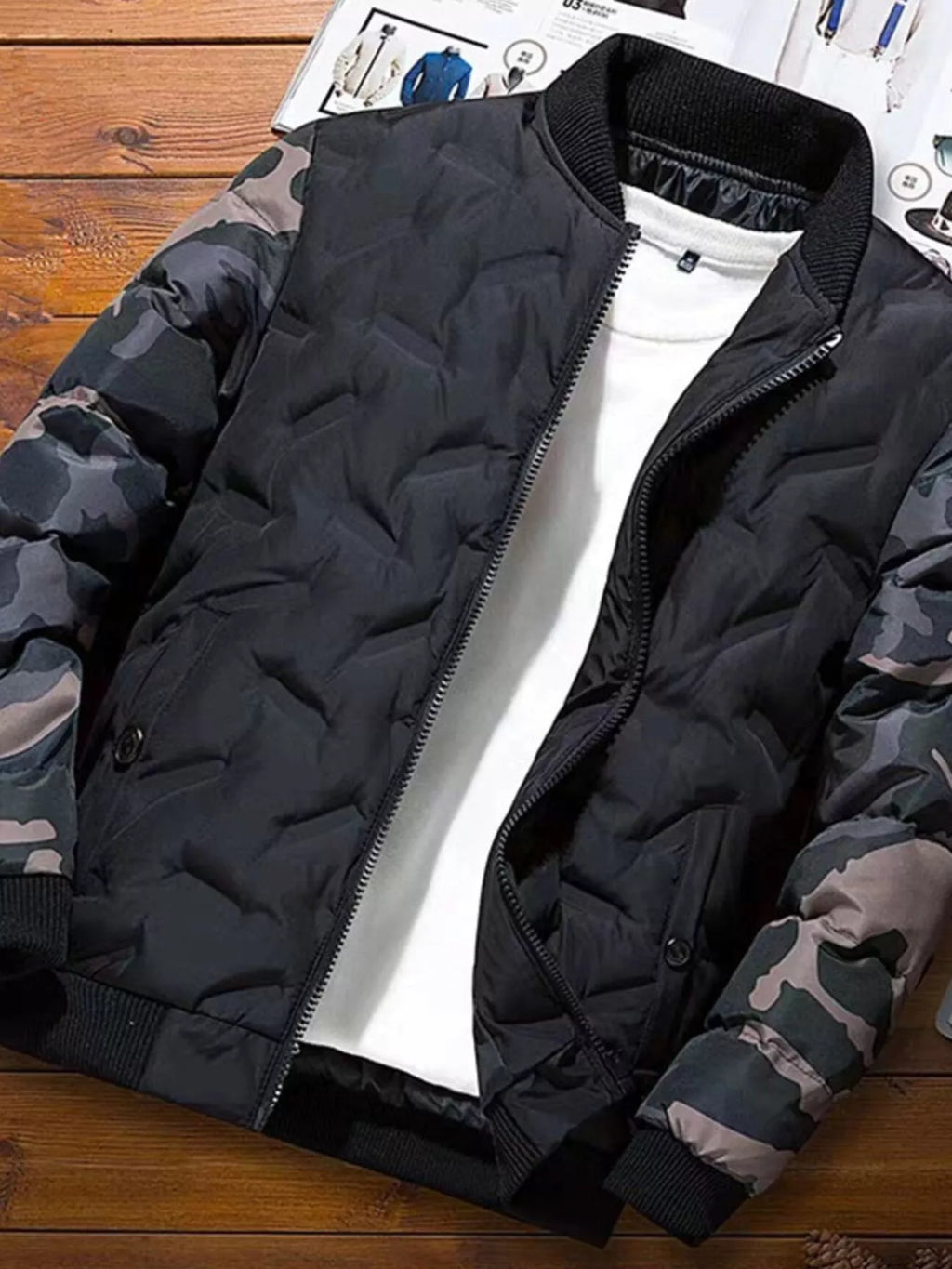 Men's full-size camouflage padded bomber jacket by Shopimist, featuring a stylish camouflage pattern and comfortable padded design.